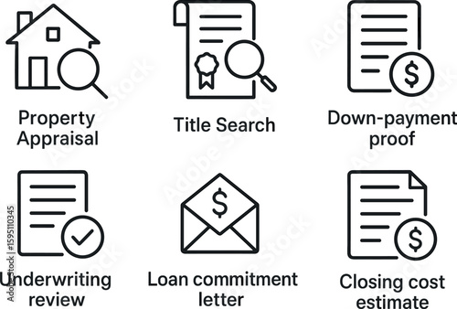 out stroke icon property appraisal title search down payment proof underwriting review loan commitment letter closing cost estimate mono icons style isolated
