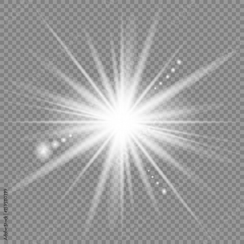 White glowing light burst explosion with transparent. Vector illustration for cool effect decoration with ray sparkles. Bright star. Transparent shine gradient glitter, bright flare. Glare texture.