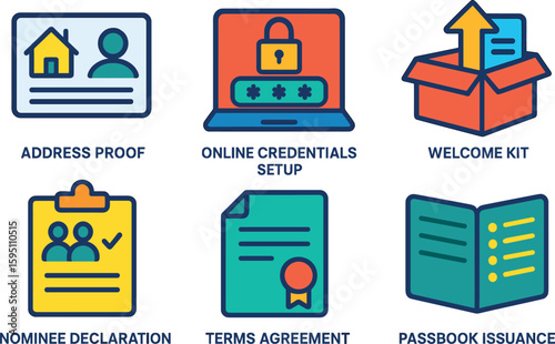 si objects address proof copy centials setup welcome kit nominee declaration terms agreement passbook issuance solid color icon out vector fills palette minimal isolated