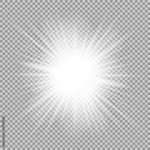 White glowing light burst explosion with transparent. Vector illustration for cool effect decoration with ray sparkles. Bright star. Transparent shine gradient glitter, bright flare. Glare texture.