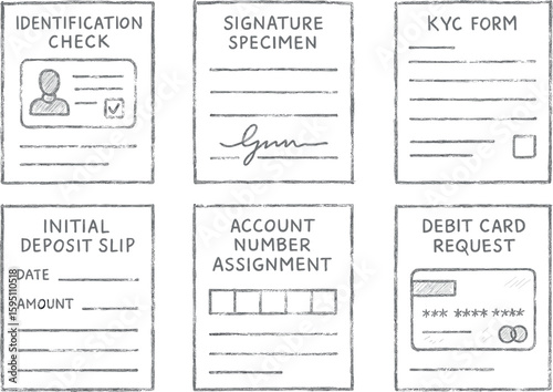 identification check signature specimen KYC form initial deposit slip account number assignment debit card request hand drawn pencil sketch style isolated