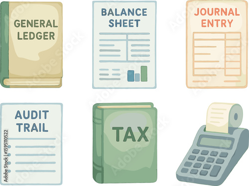 watercolor icon general ledger file balance sheet report journal entry voucher audit trail document ta compliance binder calculator tape roll paint colo isolated