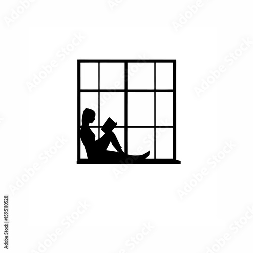 Person Sitting at Window Sill with Book Silhouette on white background