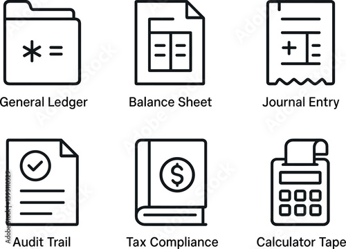 out stroke icon general ledger file balance sheet report journal entry voucher audit trail document ta compliance binder calculator tape roll mono icons style isolated