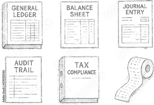 general ledger file balance sheet report journal entry voucher audit trail document ta compliance binder calculator tape roll hand drawn pencil sketch style isolated