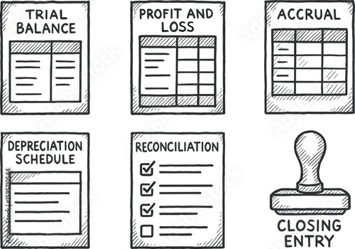 hand drawn icon trial balance worksheet profit and loss statement accal spreadsheet depreciation schedule reconciliation checklist closing entry stamp sketch drawing style icons style