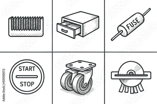hand drawn icon micro cut blade pull out drawer thermal cutoff fuse start stop sensor caster wheels CD sh slot sketch drawing style icons style isolated