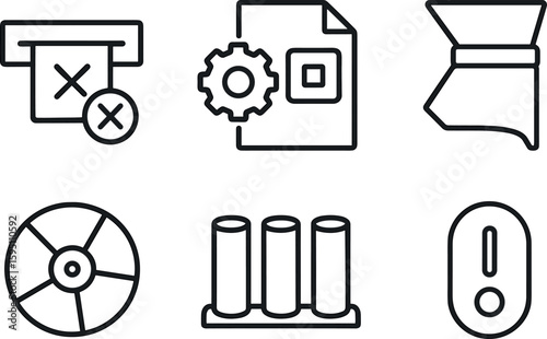 out stroke icon reject slot batch stop setting hopper cover sorting disk coin tube rack power switch mono icons style isolated