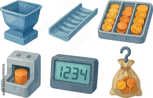 watercolor icon coin hopper sorting rail denomination tray counting sensor digital display overflow bag hook paint colo isolated