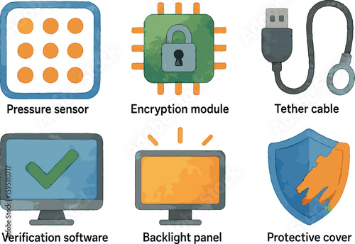 watercolor icon pressure sensor encryption module tether cable verification software back panel protective cover paint colo isolated