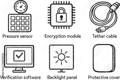 hand drawn icon pressure sensor encryption module tether cable verification software back panel protective cover sketch drawing style icons style isolated