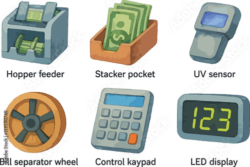 watercolor icon hopper feeder stacker pocket UV sensor bill separator wheel control keypad LED display paint colo isolated