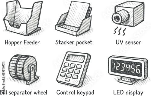 hand drawn icon hopper feeder stacker pocket UV sensor bill separator wheel control keypad LED display sketch drawing style icons style isolated
