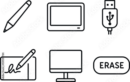 out stroke icon stylus pen LCD capture screen USB connector signing glass mounting stand erase button mono icons style isolated