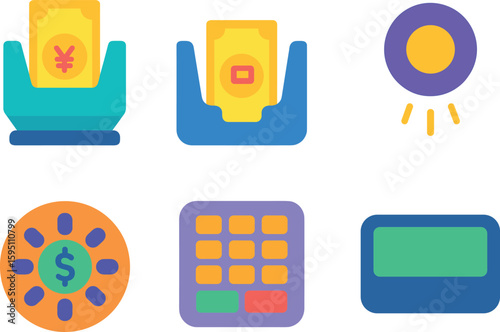 si objects hopper feeder stacker pocket UV sensor bill separator wheel control keypad LED display solid color icon out vector fills palette minimal isolated