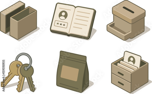 icon individual bo sleeve sign in register viewing booth tray master key sealed pouch account card file isolated