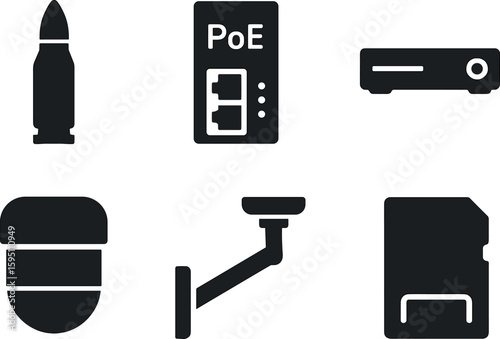 solid icon bullet casing PoE injector DVR recorder motion detector mounting arm microSD slot isolated