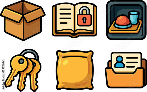 icons individual bo sleeve sign in register viewing booth tray master key sealed pouch account card file style isolated