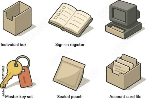 icon individual bo sleeve sign in register viewing booth tray master key sealed pouch account card file isolated