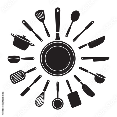 Black and white kitchen utensils surrounding a frying pan in a circle arrangement