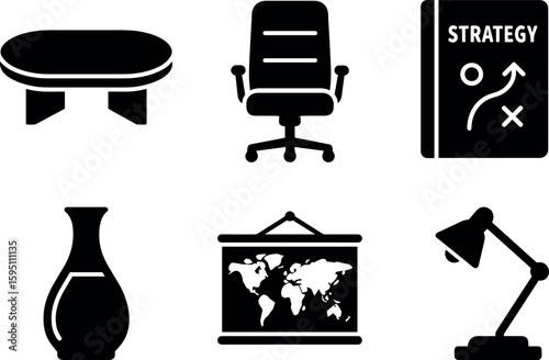 solid icon mahogany conference table leather eecutive chair strategic planning binder crystal water carafe wall mounted world map eecutive desk lamp isolated