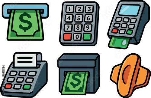 icons withdrawal slot PIN keypad card reader receipt printer cash cassette anti skimming shield style isolated
