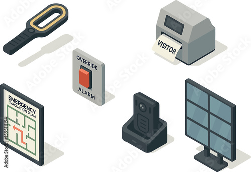 icon metal detector wand alarm override switch visitor badge printer emergency evacuation map body camera dock surveillance monitor wall isolated