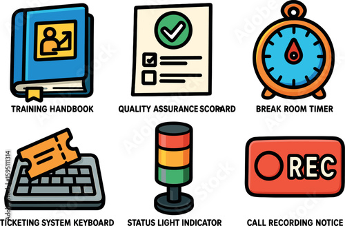 icons training handbook quality assurance scorecard break room timer ticketing system keyboard status indicator call recording notice style isolated