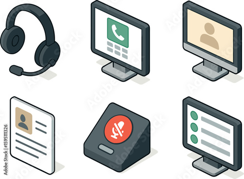 icon headset with mic dialer software screen customer account prompt scripted response sheet mute button console call queue monitor isolated