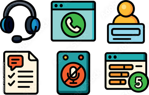 icons headset with mic dialer software screen customer account prompt scripted response sheet mute button console call queue monitor style isolated
