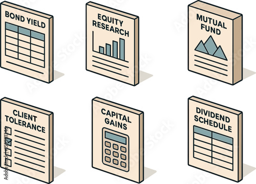 icon bond yield table equity research report mutual fund brochure client risk tolerance form capital gains calculator dividend schedule print isolated