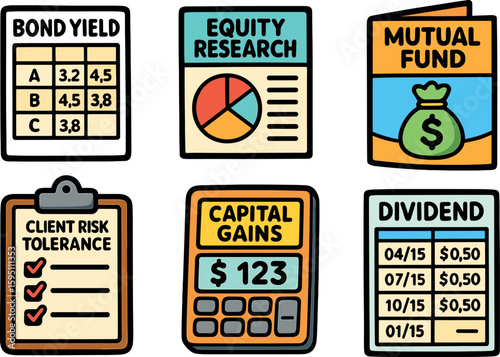 icons bond yield table equity research report mutual fund brochure client risk tolerance form capital gains calculator dividend schedule print style isolated