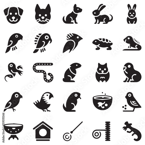 Collection of pet icons including a dog, cat, rabbit, bird, snake, turtle and fish glyphs