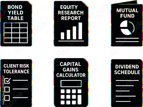 bond yield table equity research report mutual fund brochure client risk tolerance form capital gains calculator dividend schedule print isolated