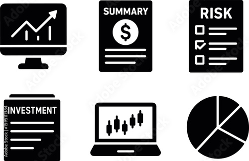 solid icon market ticker monitor portfolio summary sheet risk profile questionnaire investment prospectus stack trading platform laptop asset allocation chart isolated