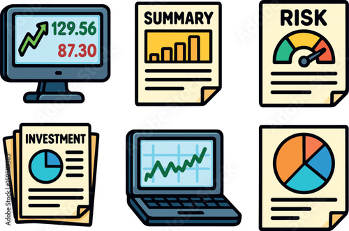 icons market ticker monitor portfolio summary sheet risk profile questionnaire investment prospectus stack trading platform laptop asset allocation chart style isolated