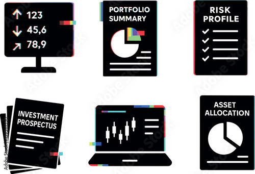 market ticker monitor portfolio summary sheet risk profile questionnaire investment prospectus stack trading platform laptop asset allocation chart isolated