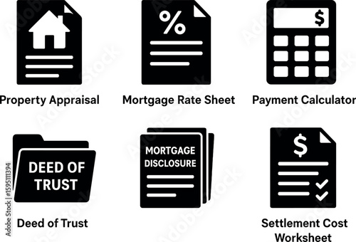 solid icon property appraisal file mortgage rate sheet payment calculator deed tst folder mortgage disclosure packet settlement cost worksheet isolated