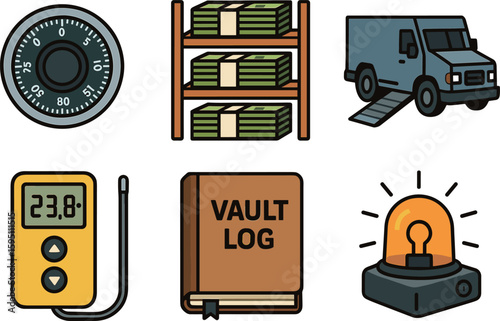 colo combination lock wheel currency bundle shelf armo cart ramp temperature monitor vault log book standby emergency perfect colo vector style isolated