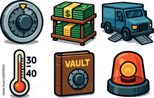 icons combination lock wheel currency bundle shelf armo cart ramp temperature monitor vault log book standby emergency style isolated