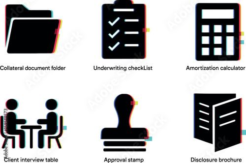 collateral document folder underwriting checklist amortization calculator client interview table approval stamp disclosure brochure isolated