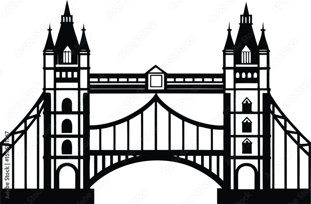 Obraz premium London bridge silhouette, tower bridge vector, city landmark icon, black architecture illustration