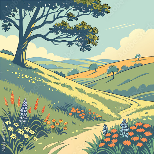  Peaceful Summer Landscape with Flowers and Blue Sky