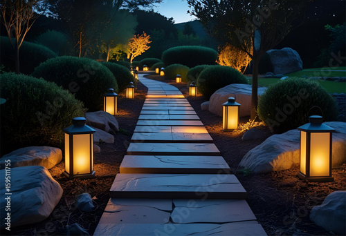 a garden path lit by lanterns, scenic landscape at night, walkway made of stone tiles, bushes and rocks lining the path, warm glowing lighting, twilight atmosphere, tranquil peaceful scene