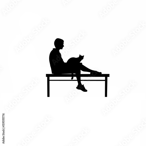 Person Sitting with Cat on Lap Silhouette on white background