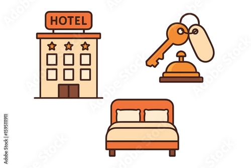 hotel with sign key counter room bed perfect colo vector style isolated transparent