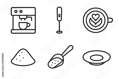out stroke icon coffee machine milk frother latte art coffee grounds coffee scoop saucer out stroke icon