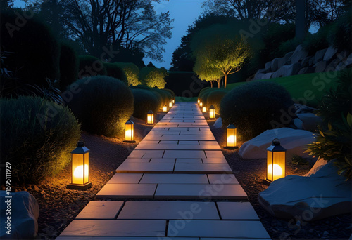 a garden path lit by lanterns, scenic landscape at night, walkway made of stone tiles, bushes and rocks lining the path, warm glowing lighting, twilight atmosphere, tranquil peaceful scene