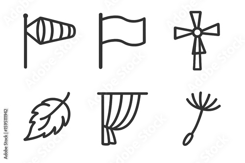 out stroke icon wind sock fluttering flag spinning windmill falling autumn leaf draping curtain airborne dandelion seed out stroke icon