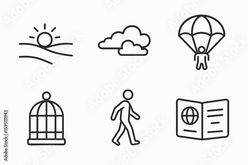 out stroke icon wide horizon open sky parachute jump empty cage barefoot wanderer open passport out stroke icon